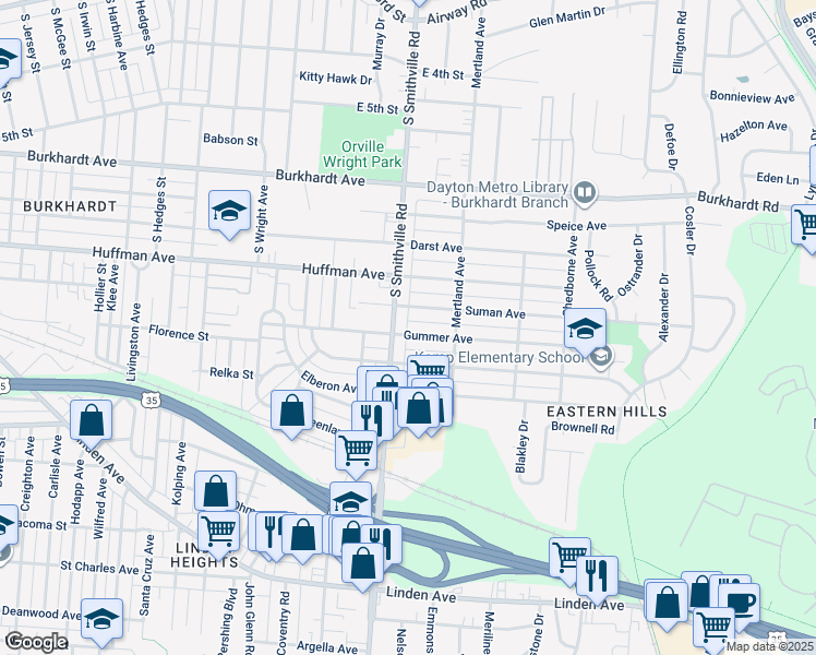 map of restaurants, bars, coffee shops, grocery stores, and more near 1613 Gummer Avenue in Dayton