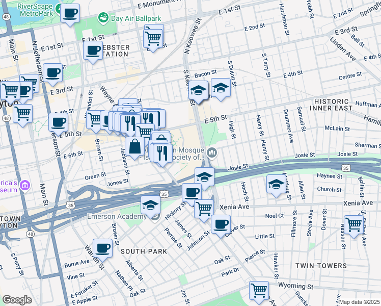 map of restaurants, bars, coffee shops, grocery stores, and more near in Dayton