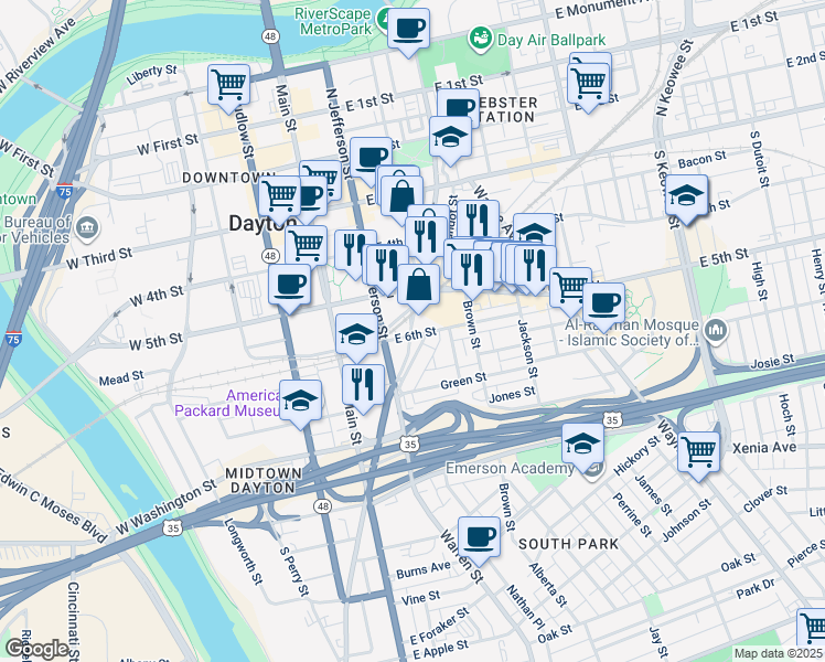 map of restaurants, bars, coffee shops, grocery stores, and more near 322 East 6th Street in Dayton
