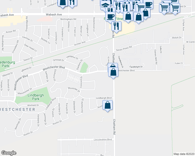 map of restaurants, bars, coffee shops, grocery stores, and more near 2101 Lexington Drive in Springfield