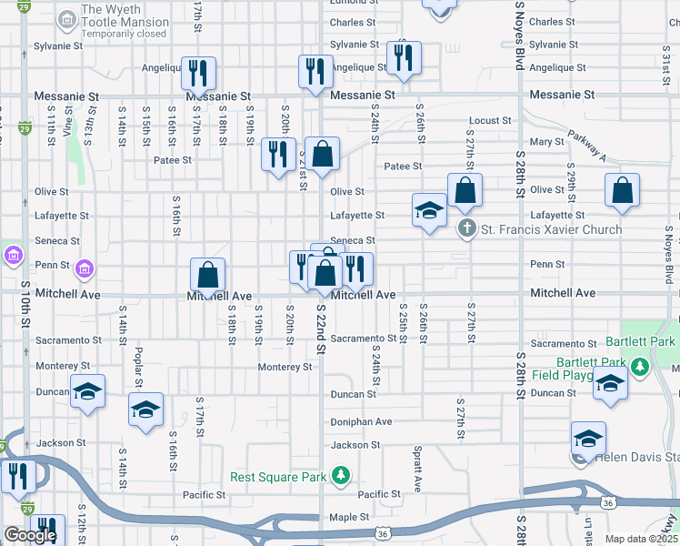 map of restaurants, bars, coffee shops, grocery stores, and more near 1208 South 23rd Street in Saint Joseph