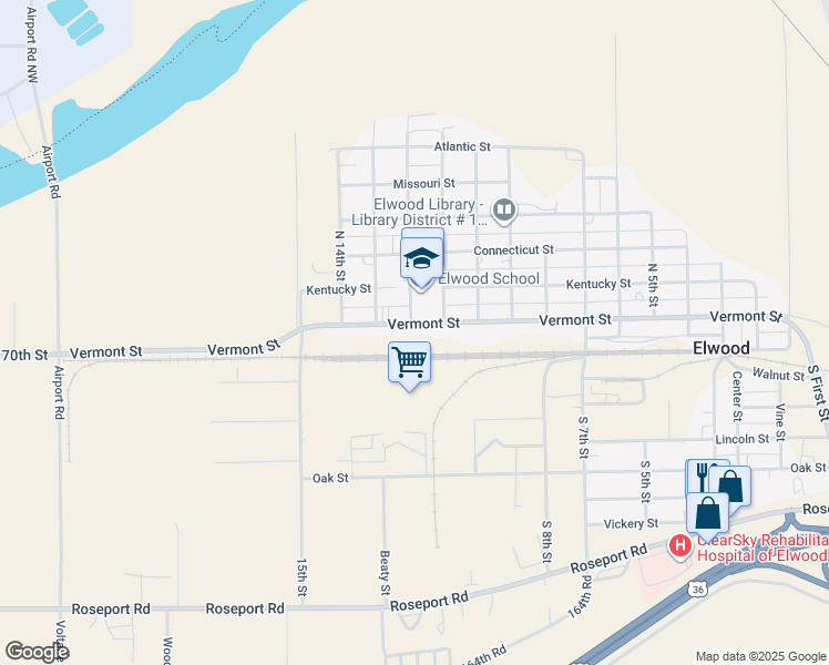 map of restaurants, bars, coffee shops, grocery stores, and more near 1104 Vermont Street in Wathena