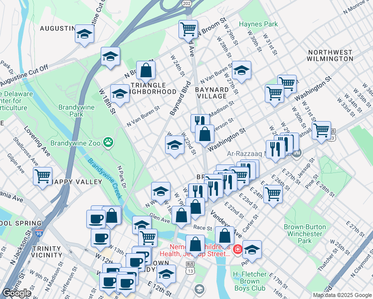 map of restaurants, bars, coffee shops, grocery stores, and more near 2108 North Jefferson Street in Wilmington