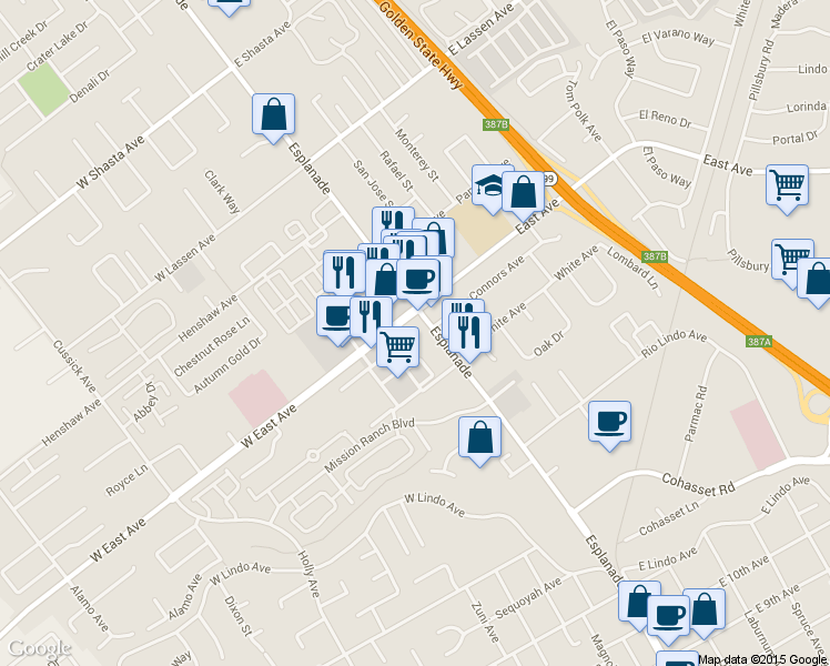 map of restaurants, bars, coffee shops, grocery stores, and more near 2507 Esplanade in Chico