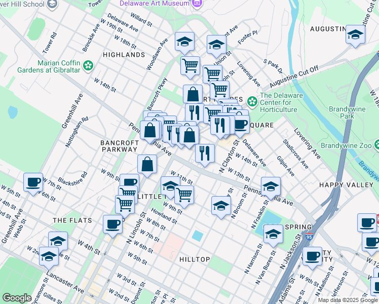 map of restaurants, bars, coffee shops, grocery stores, and more near 1279 North Scott Street in Wilmington