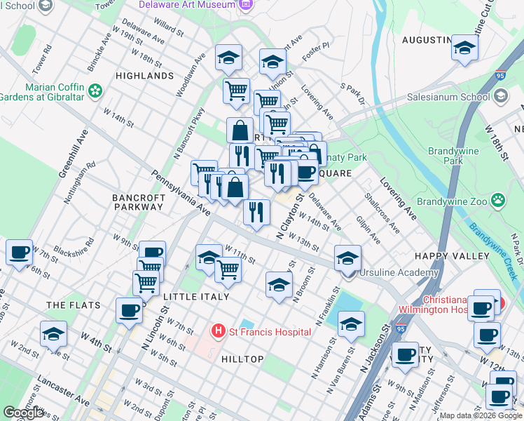 map of restaurants, bars, coffee shops, grocery stores, and more near 1313 North Dupont Street in Wilmington