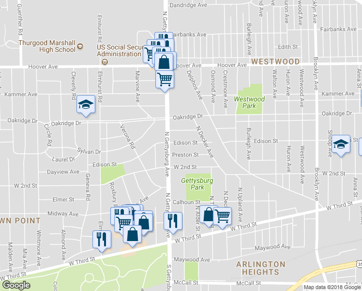 map of restaurants, bars, coffee shops, grocery stores, and more near 3030 Edison Street in Dayton