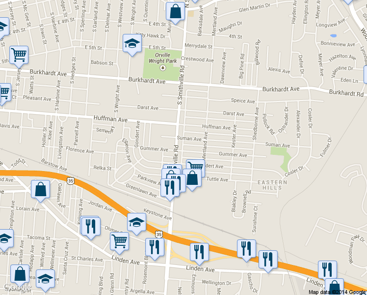 map of restaurants, bars, coffee shops, grocery stores, and more near 1613 Gummer Ave in Dayton