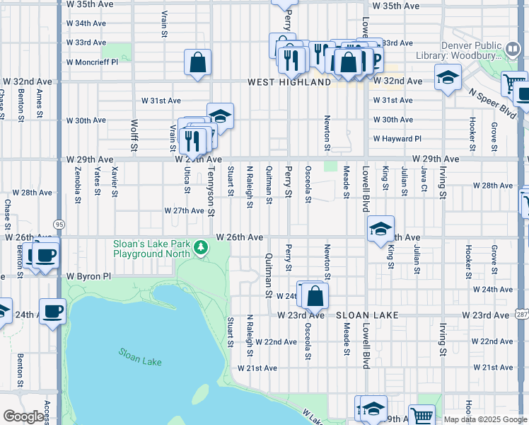 map of restaurants, bars, coffee shops, grocery stores, and more near 2663 Quitman Street in Denver