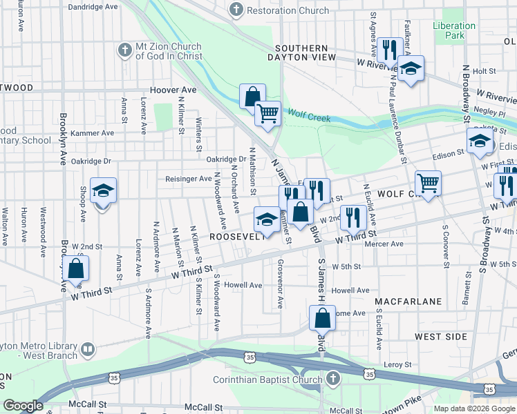 map of restaurants, bars, coffee shops, grocery stores, and more near 2001 West First Street in Dayton