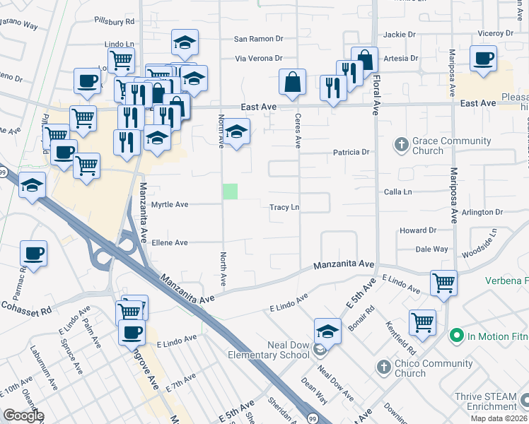 map of restaurants, bars, coffee shops, grocery stores, and more near 1075 Tracy Lane in Chico