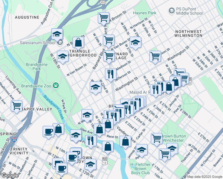 map of restaurants, bars, coffee shops, grocery stores, and more near 300A Delaware 202 in Wilmington