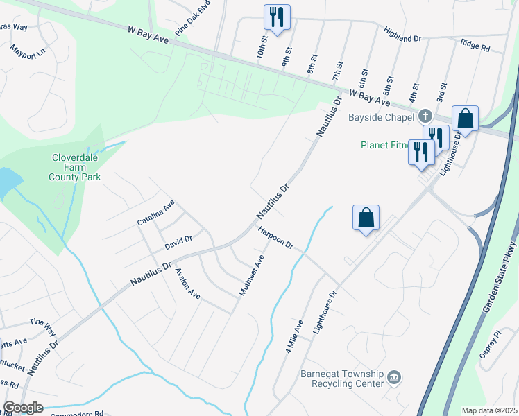 map of restaurants, bars, coffee shops, grocery stores, and more near 62 Nautilus Drive in Barnegat Township