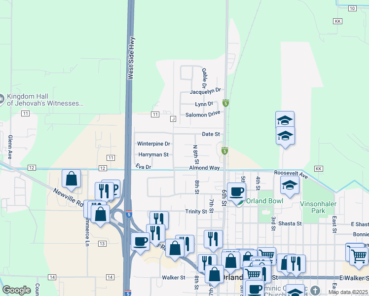 map of restaurants, bars, coffee shops, grocery stores, and more near 807 Cherry Circle in Orland