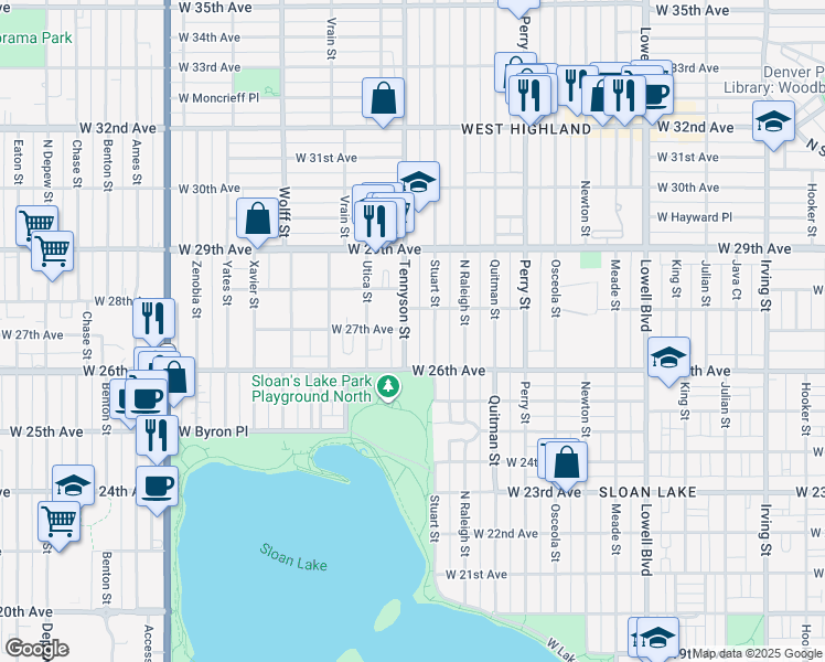 map of restaurants, bars, coffee shops, grocery stores, and more near 2662 Tennyson Street in Denver