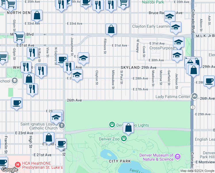 map of restaurants, bars, coffee shops, grocery stores, and more near 2710 Fillmore Street in Denver