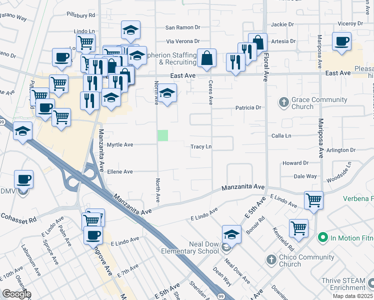 map of restaurants, bars, coffee shops, grocery stores, and more near 1075 Tracy Lane in Chico
