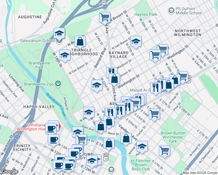 map of restaurants, bars, coffee shops, grocery stores, and more near 300A Delaware 202 in Wilmington
