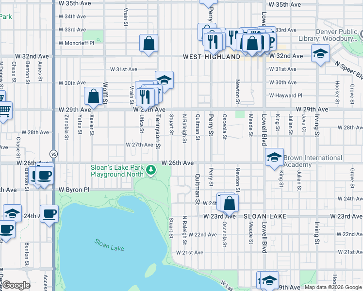 map of restaurants, bars, coffee shops, grocery stores, and more near 2663 Raleigh Street in Denver