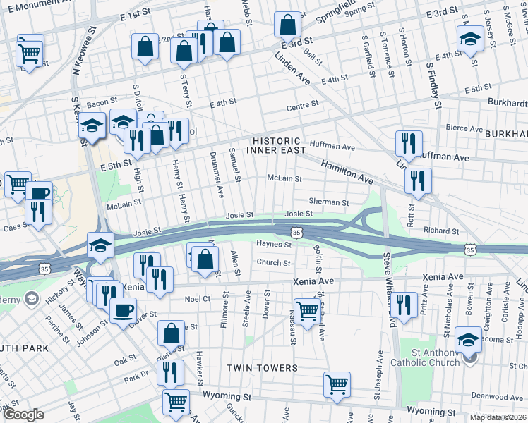 map of restaurants, bars, coffee shops, grocery stores, and more near 163 Boltin Street in Dayton