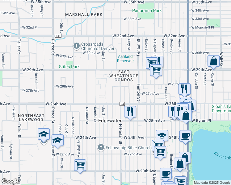 map of restaurants, bars, coffee shops, grocery stores, and more near 2711 North Harlan Street in Wheat Ridge
