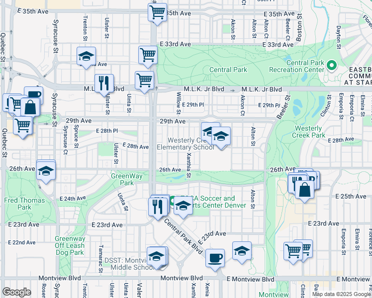 map of restaurants, bars, coffee shops, grocery stores, and more near 8694 East 28th Avenue in Denver