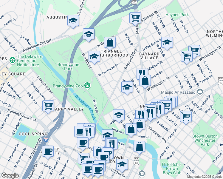 map of restaurants, bars, coffee shops, grocery stores, and more near 1807 Baynard Boulevard in Wilmington
