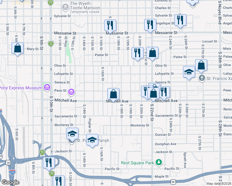 map of restaurants, bars, coffee shops, grocery stores, and more near 1710 Penn Street in Saint Joseph