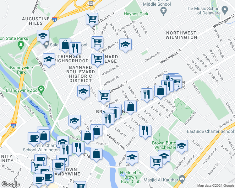 map of restaurants, bars, coffee shops, grocery stores, and more near 205 West 24th Street in Wilmington