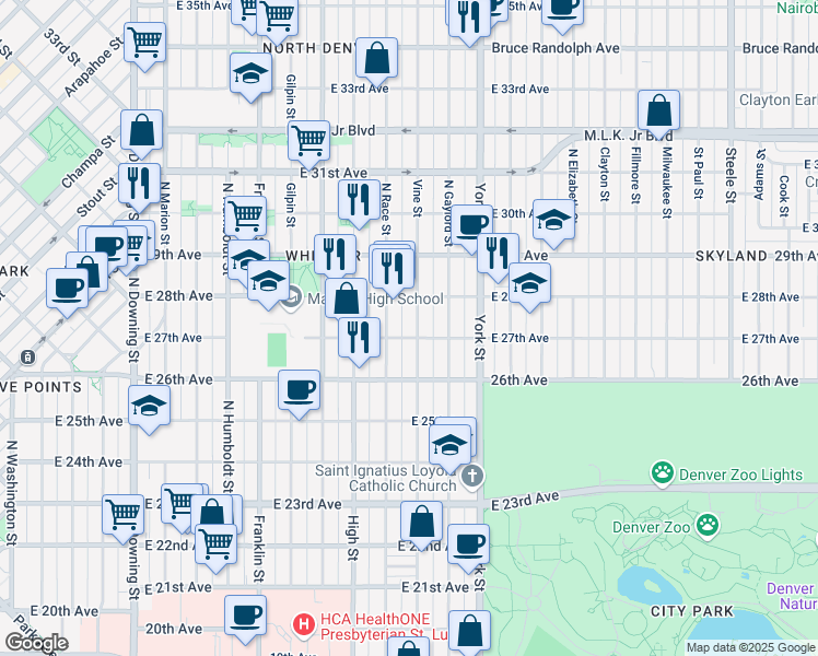 map of restaurants, bars, coffee shops, grocery stores, and more near 2711 Vine Street in Denver