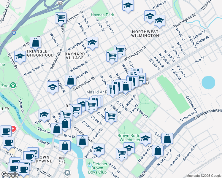 map of restaurants, bars, coffee shops, grocery stores, and more near 2705 Tatnall Street in Wilmington