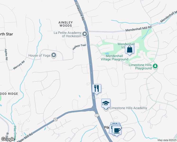 map of restaurants, bars, coffee shops, grocery stores, and more near 121 Croom Mills Drive in Hockessin