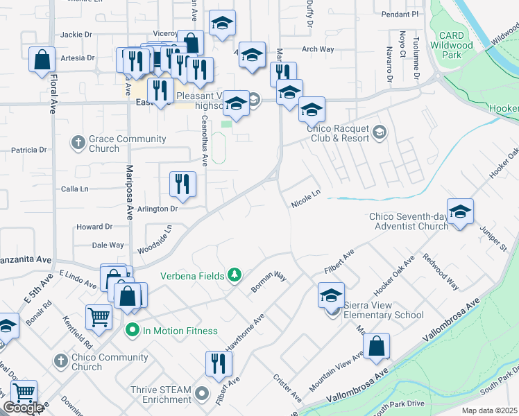 map of restaurants, bars, coffee shops, grocery stores, and more near 11 Spinnaker Way in Chico