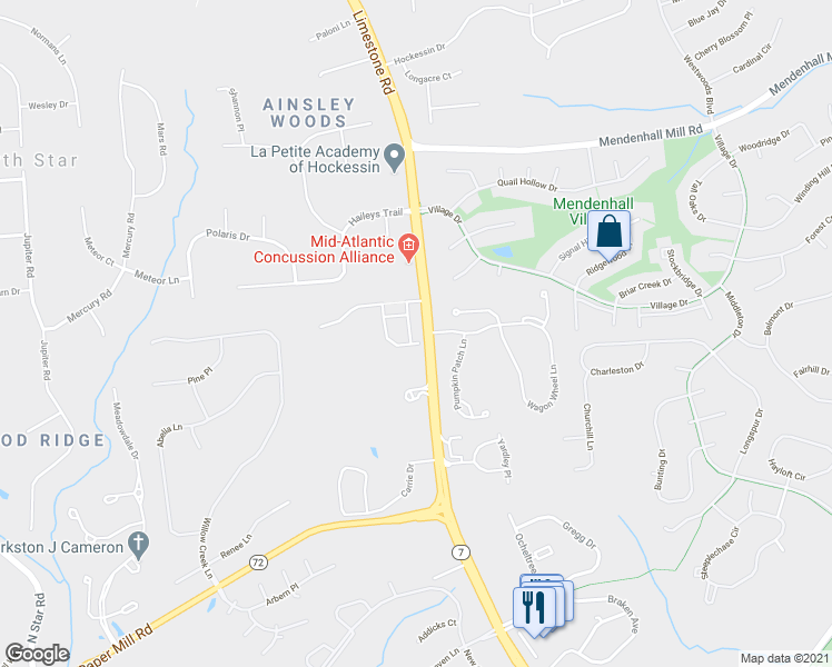map of restaurants, bars, coffee shops, grocery stores, and more near 121 Croom Mills Drive in Hockessin