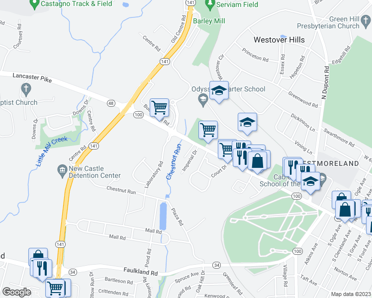 map of restaurants, bars, coffee shops, grocery stores, and more near 3 Chestnut Run Lane in Wilmington