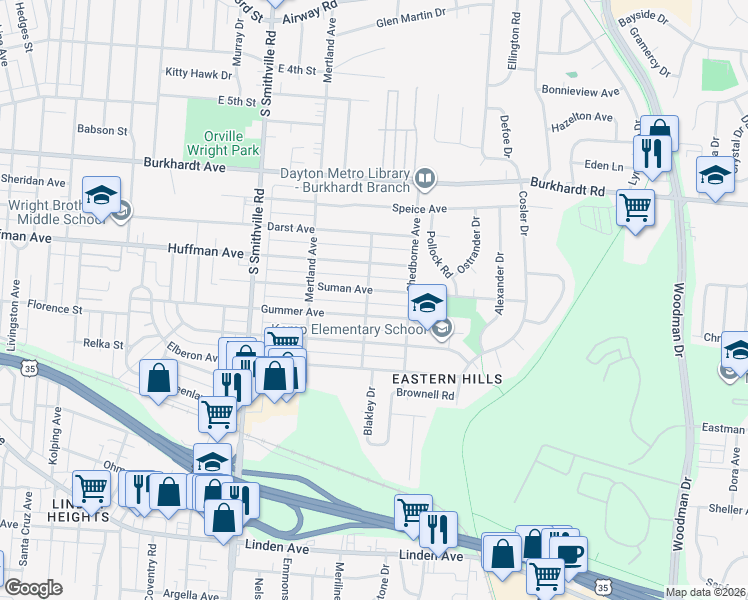 map of restaurants, bars, coffee shops, grocery stores, and more near 1804 Blakes Alley in Dayton