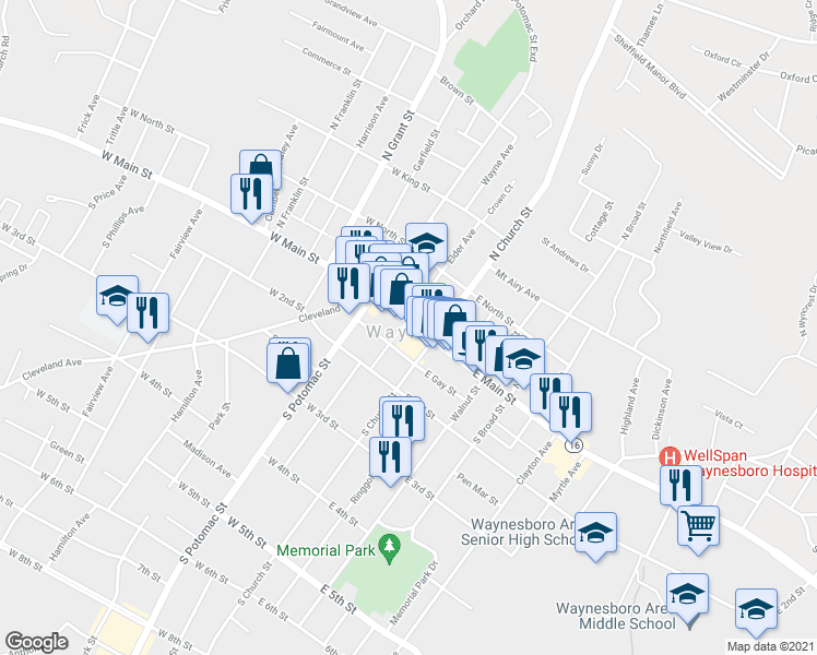 map of restaurants, bars, coffee shops, grocery stores, and more near 34 West Main Street in Waynesboro
