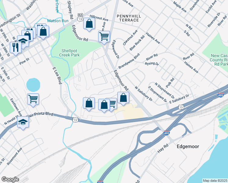map of restaurants, bars, coffee shops, grocery stores, and more near 4301 Eastview Lane in Wilmington
