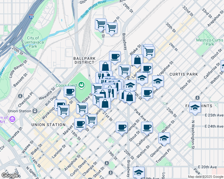map of restaurants, bars, coffee shops, grocery stores, and more near 2260 Market Street in Denver