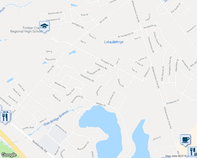 map of restaurants, bars, coffee shops, grocery stores, and more near 86 Hampshire Road in Sicklerville