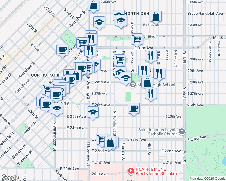 map of restaurants, bars, coffee shops, grocery stores, and more near 2715 Humboldt Street in Denver