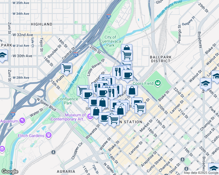 map of restaurants, bars, coffee shops, grocery stores, and more near 1801 Chestnut Place in Denver