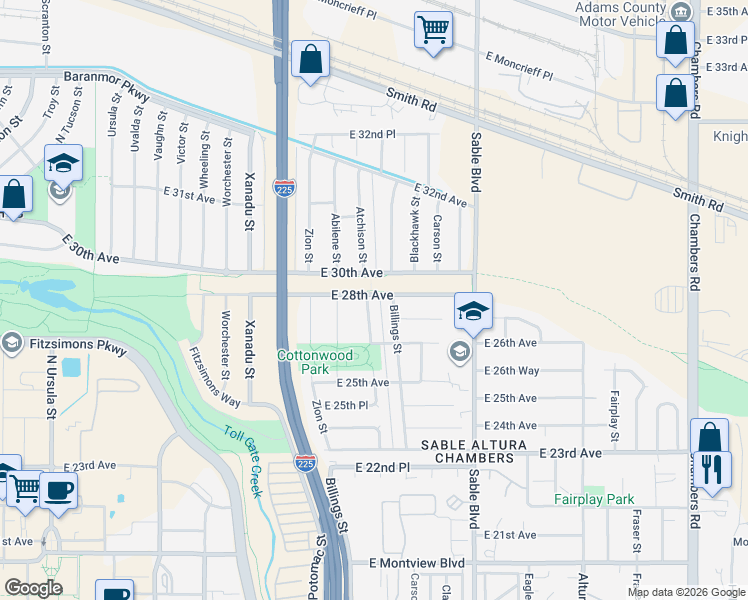 map of restaurants, bars, coffee shops, grocery stores, and more near 2795 Billings Street in Aurora