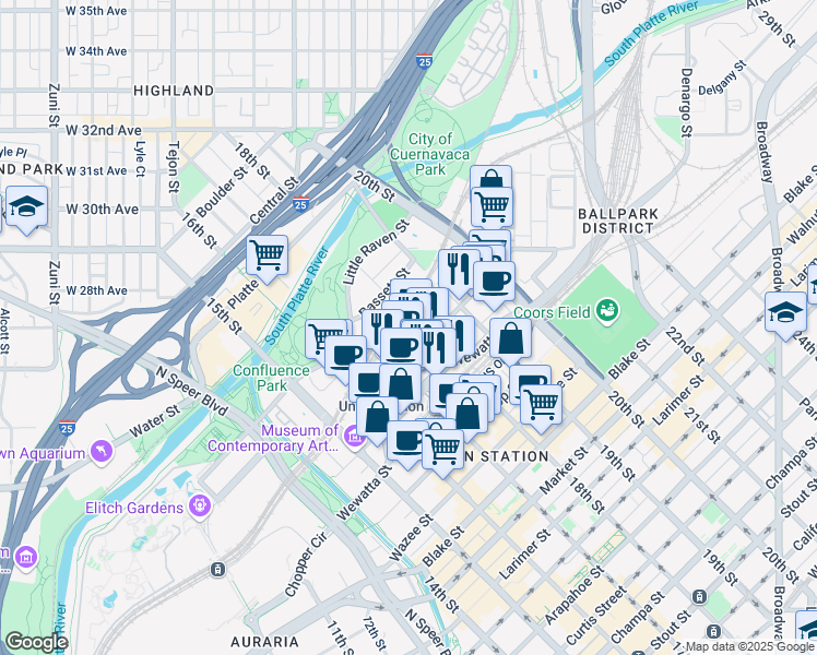 map of restaurants, bars, coffee shops, grocery stores, and more near 2009 18th Street in Denver