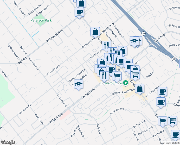 map of restaurants, bars, coffee shops, grocery stores, and more near 264 Autumn Gold Drive in Chico