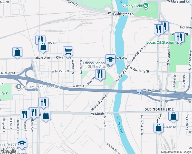 map of restaurants, bars, coffee shops, grocery stores, and more near 841 River Avenue in Indianapolis