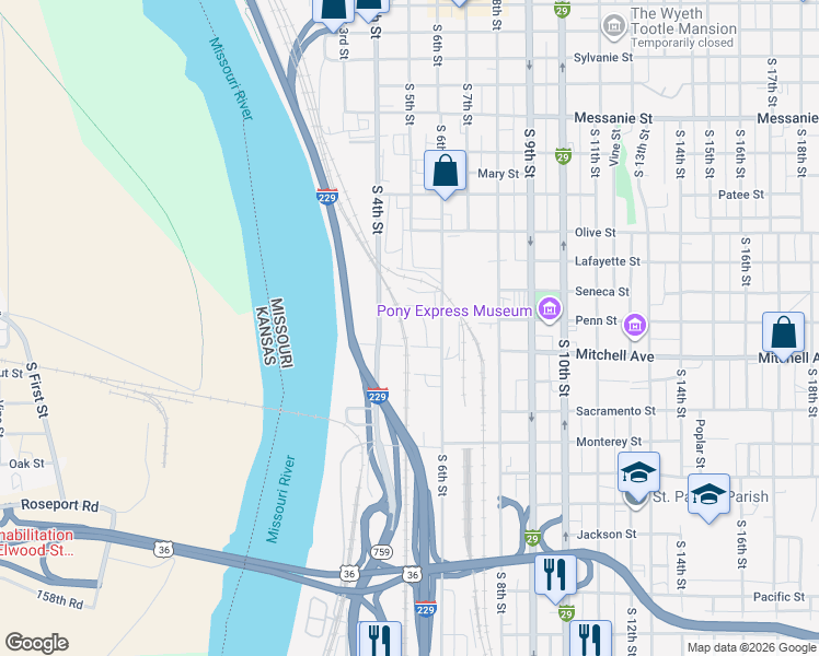 map of restaurants, bars, coffee shops, grocery stores, and more near 501 Mitchell Avenue in Saint Joseph