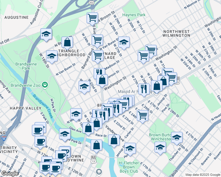 map of restaurants, bars, coffee shops, grocery stores, and more near 2312 Washington Street in Wilmington