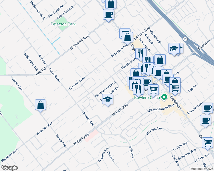 map of restaurants, bars, coffee shops, grocery stores, and more near 372 Chestnut Rose Lane in Chico
