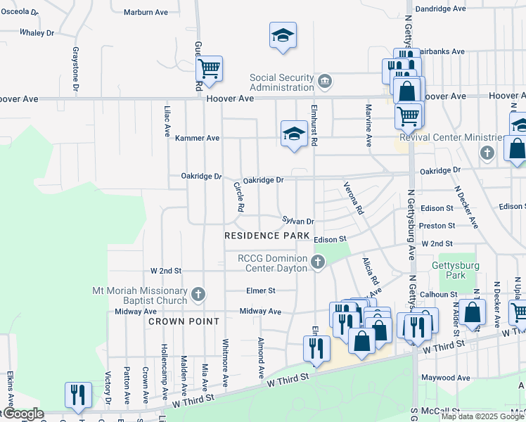 map of restaurants, bars, coffee shops, grocery stores, and more near 4539 Sylvan Drive in Dayton